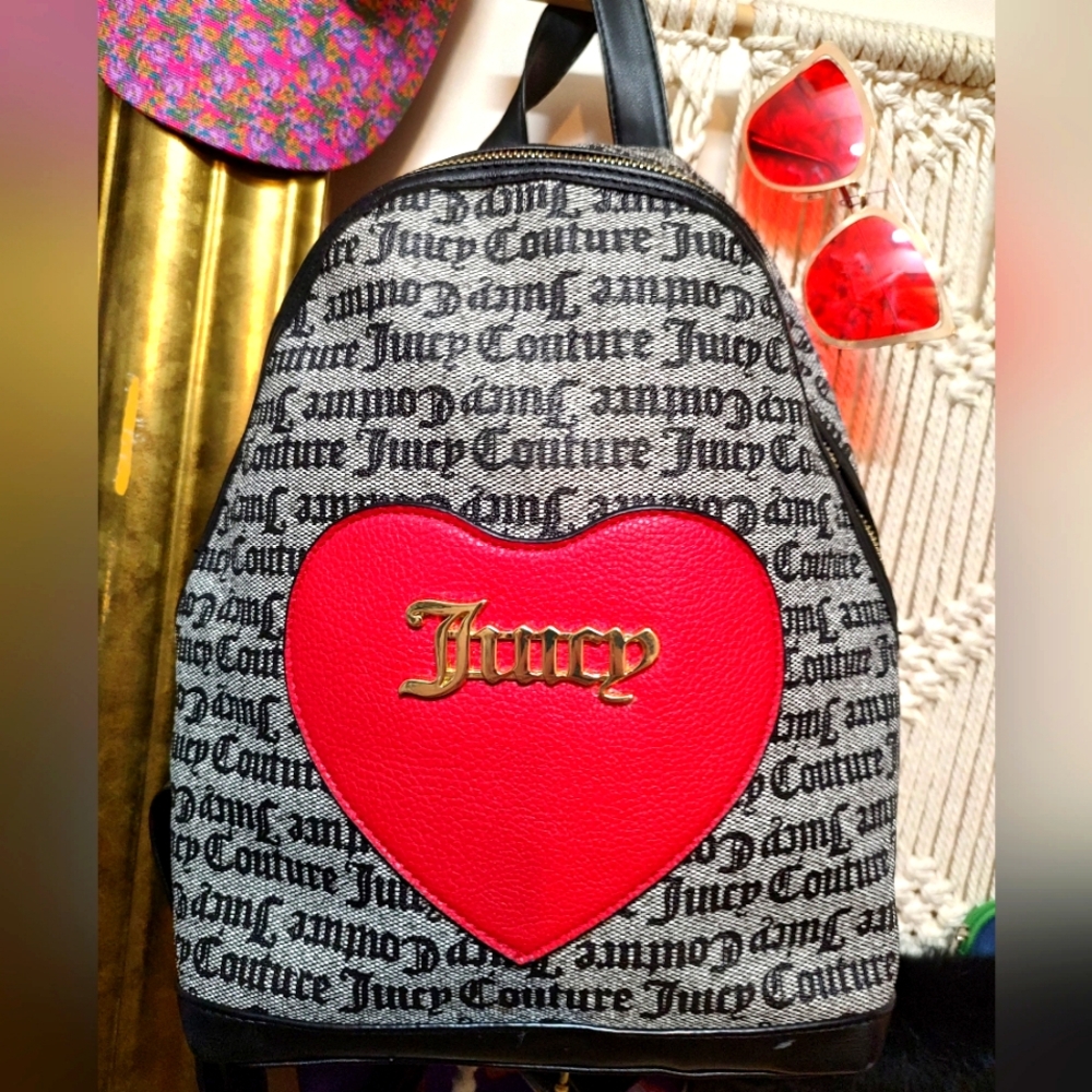 Juicy Couture red heart back pack black vinyl and monogram canvas